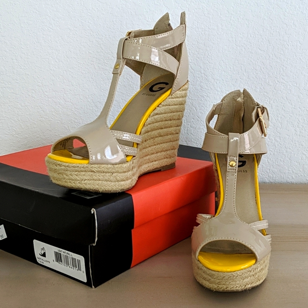 Guess tan wedge platform heels